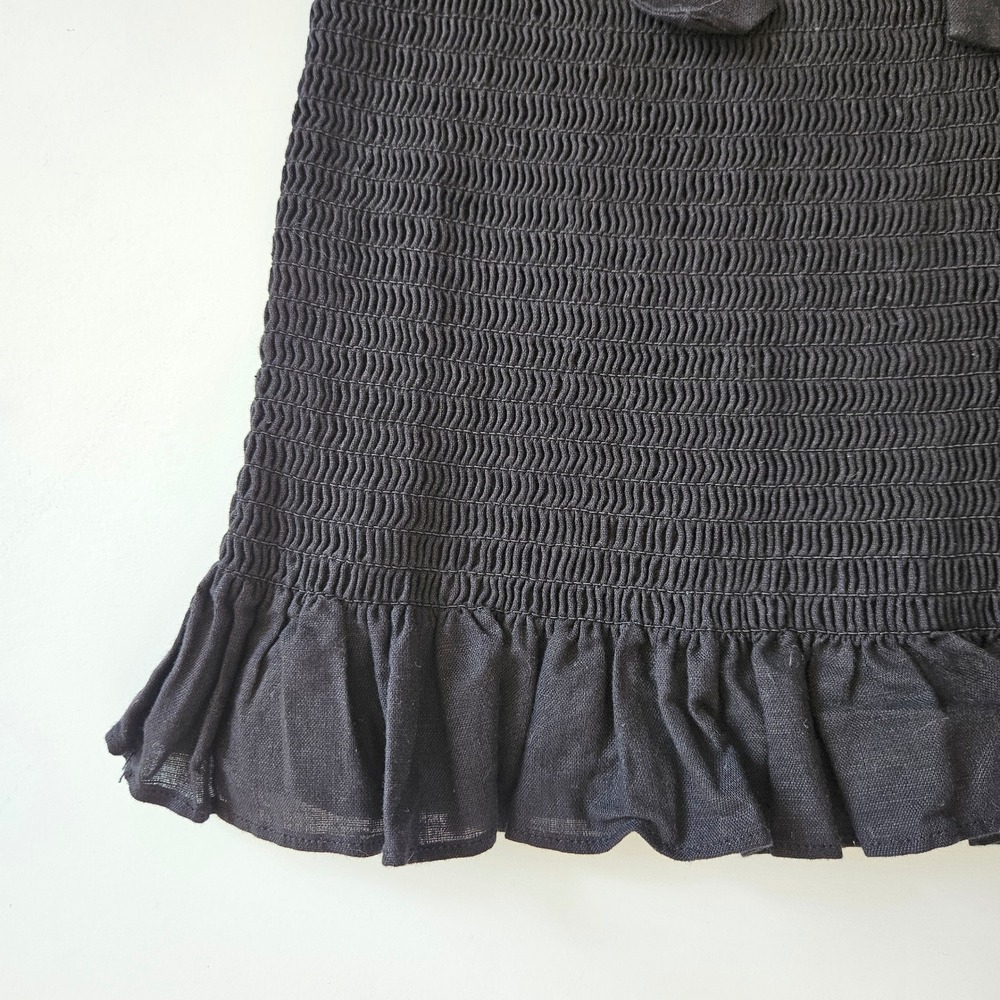 Kourt Black Smocked Linen Blend Tie Shoulder Peplum Little Black Top XS‎ - Picture 9 of 10